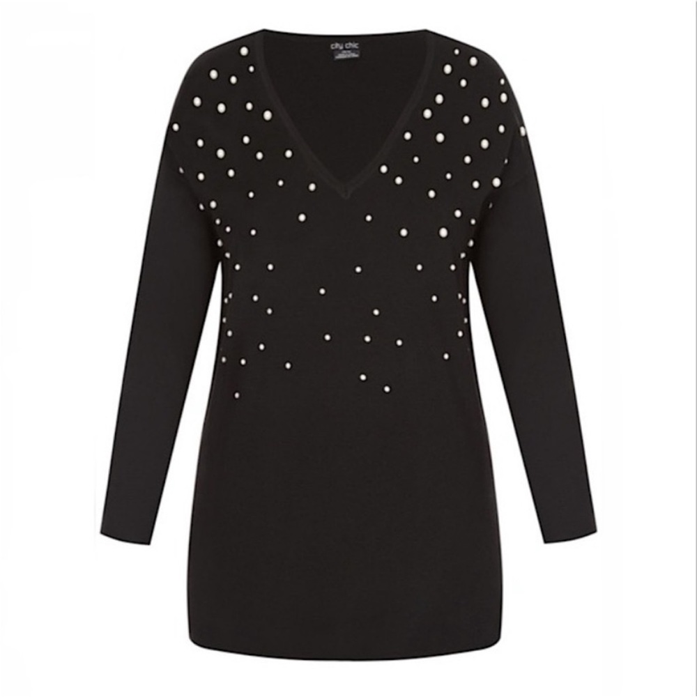 CITY CHIC Plus Size Black Pearl Embellished V-Neck Relaxed Fit Sweater 18/M